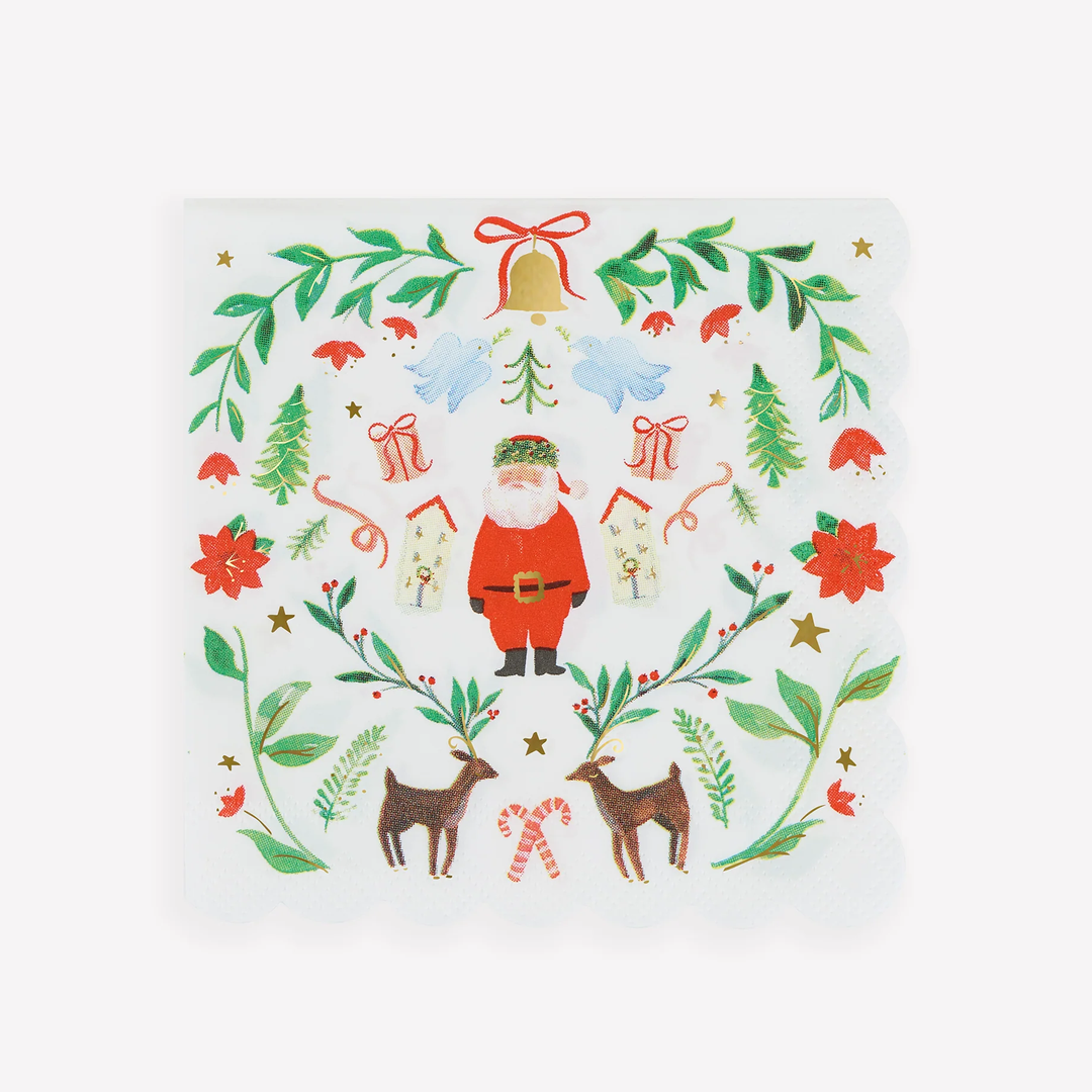 A square white decorative plate or coaster featuring a colorful Christmas illustration with Santa Claus, reindeer, holly leaves, pine trees, candy canes, and red ornaments, centered on a plain white background.