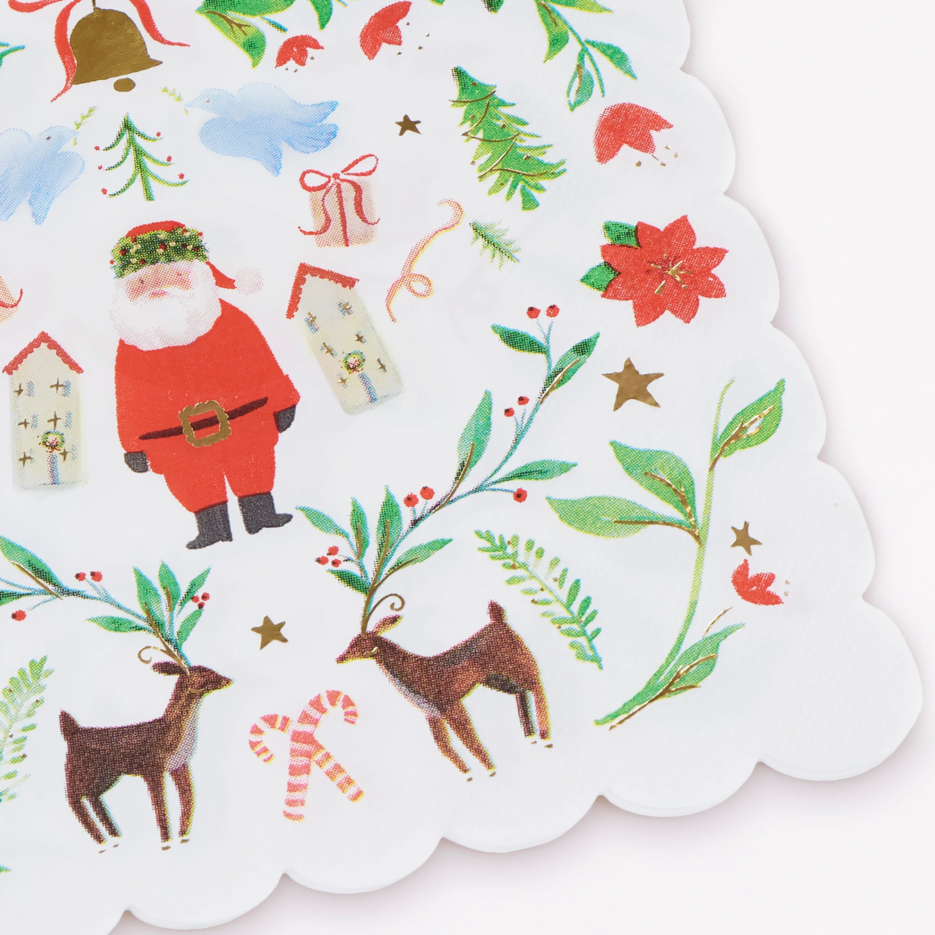 A scalloped-edge white paper plate or tray decorated with festive Christmas illustrations, including Santa Claus, reindeer, poinsettias, pine trees, candy canes, ornaments, and gold stars, shown on a white background.