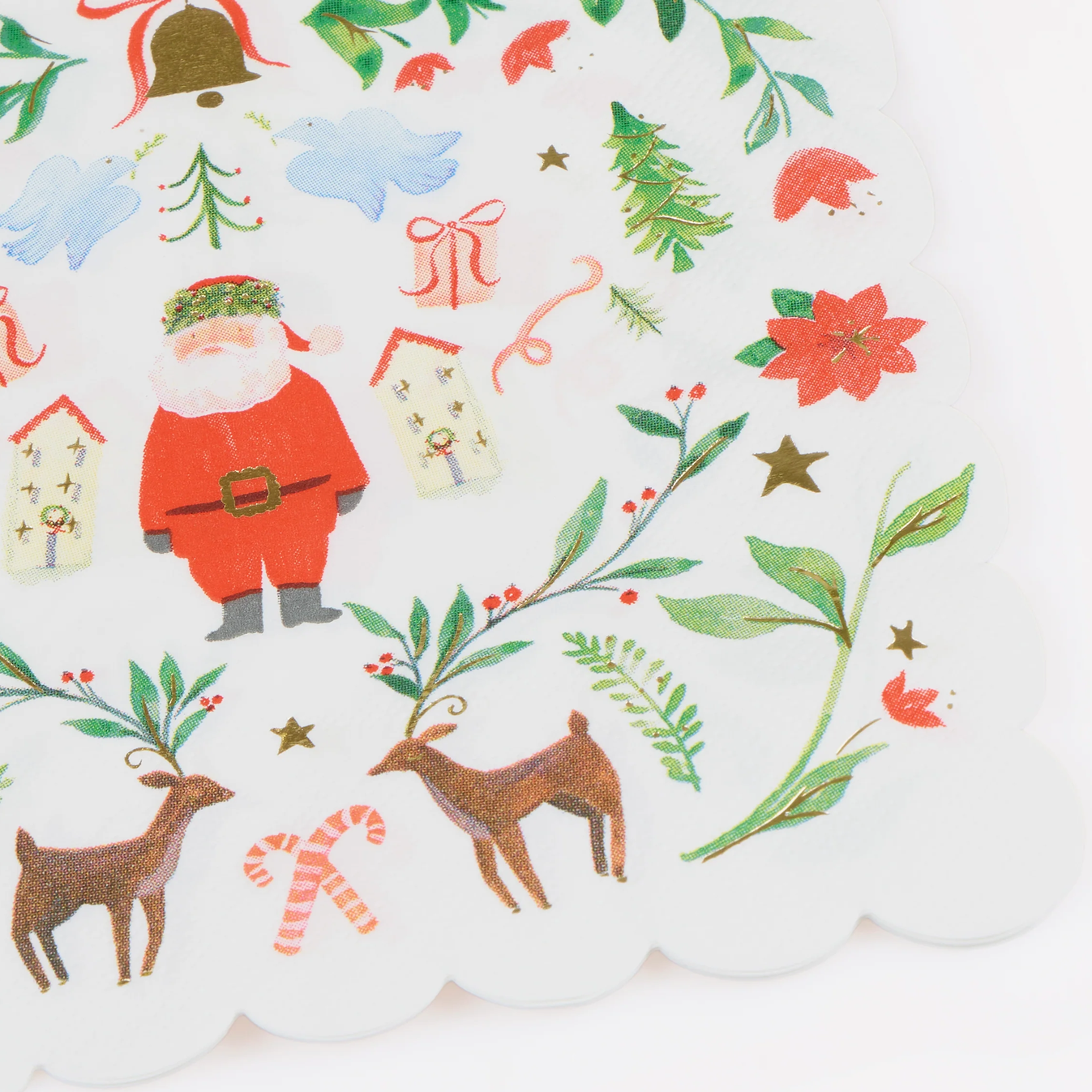 A close-up of a white scalloped decorative surface printed with a festive Christmas pattern, including Santa Claus, reindeer, candy canes, green leaves, red flowers, and small gold stars.