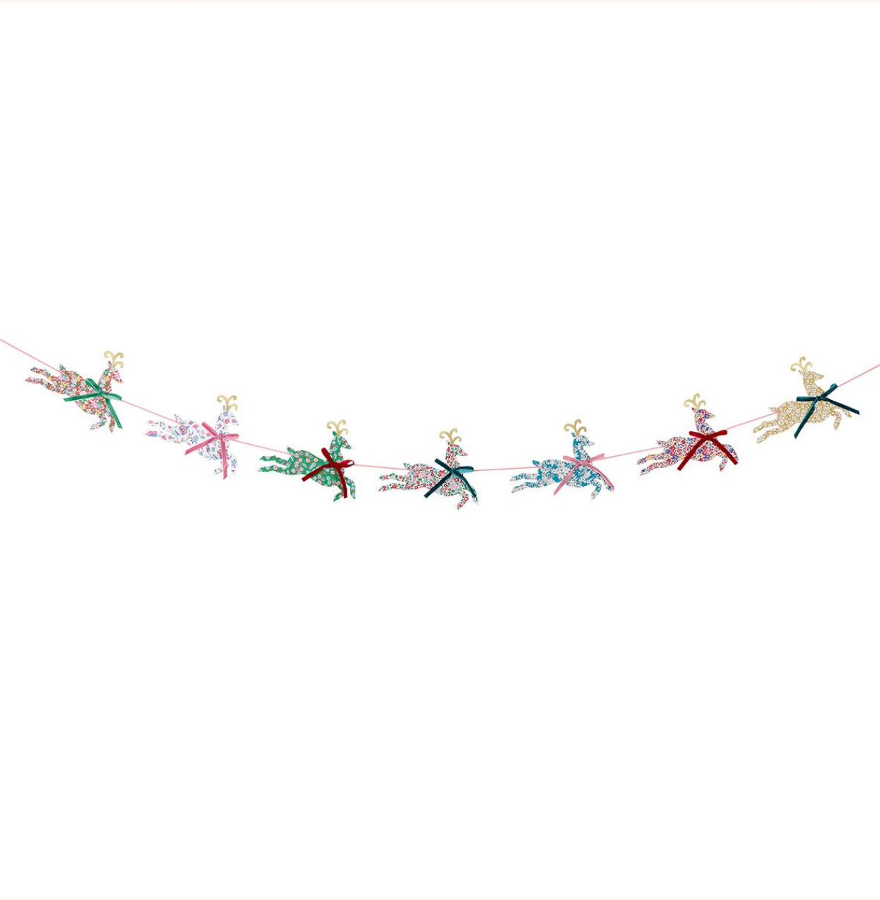 A festive string banner garland featuring small, colorful reindeer cutouts in various colors including green, pink, red, blue, and gold, strung along a thin cord against a plain white background.