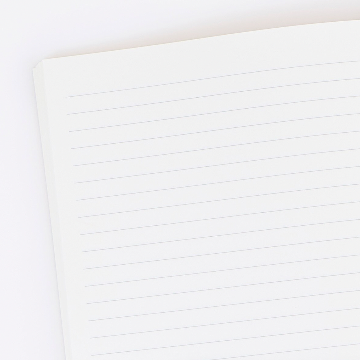 A close-up of a lined notebook page with white paper and light gray horizontal ruling, shown on a white background.