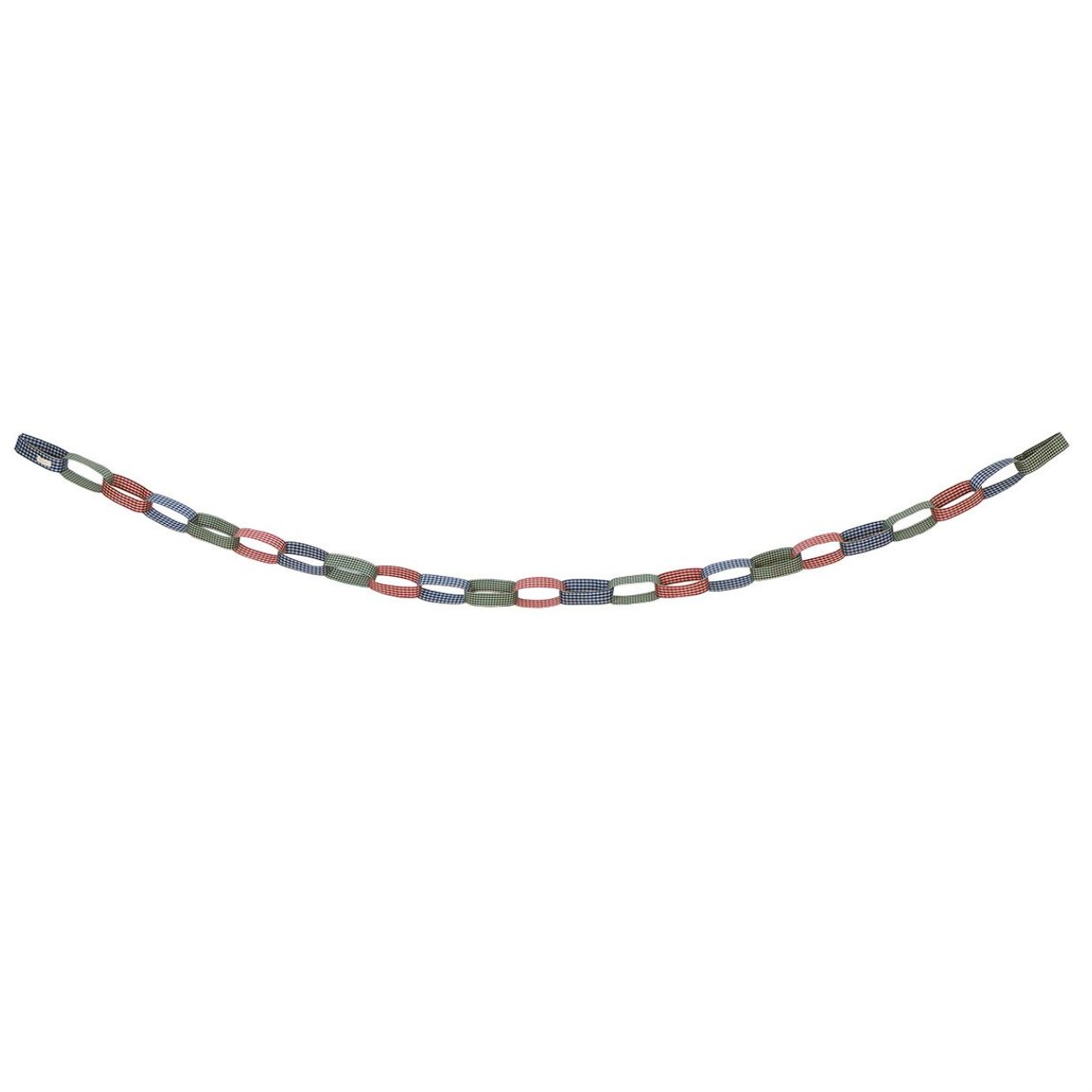 A curved chain necklace featuring alternating links in muted red, olive green, and slate blue-gray, displayed against a plain white background.