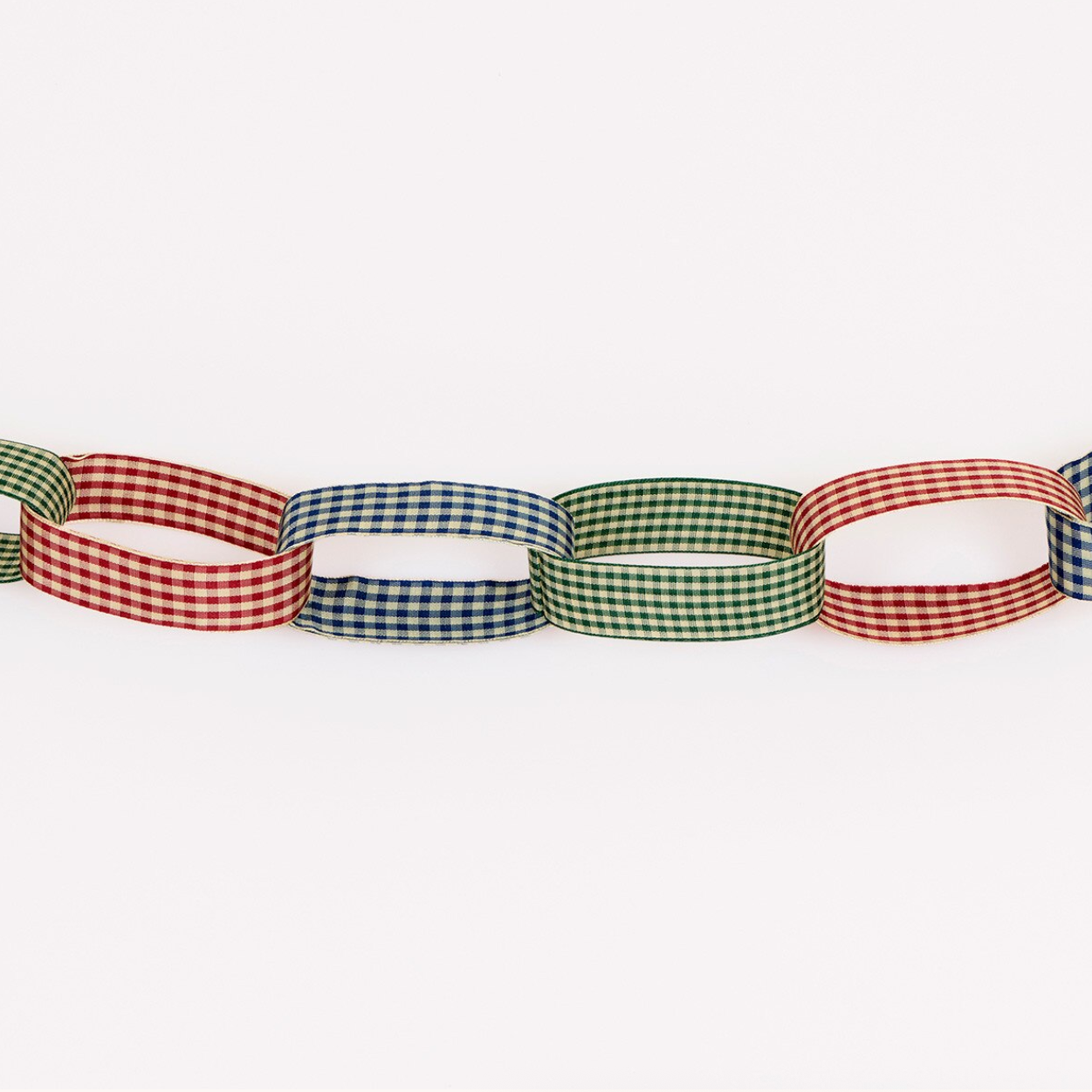 A chain of interlocking gingham ribbon loops in red-and-white, blue-and-white, and green-and-white patterns, arranged horizontally on a plain white background.