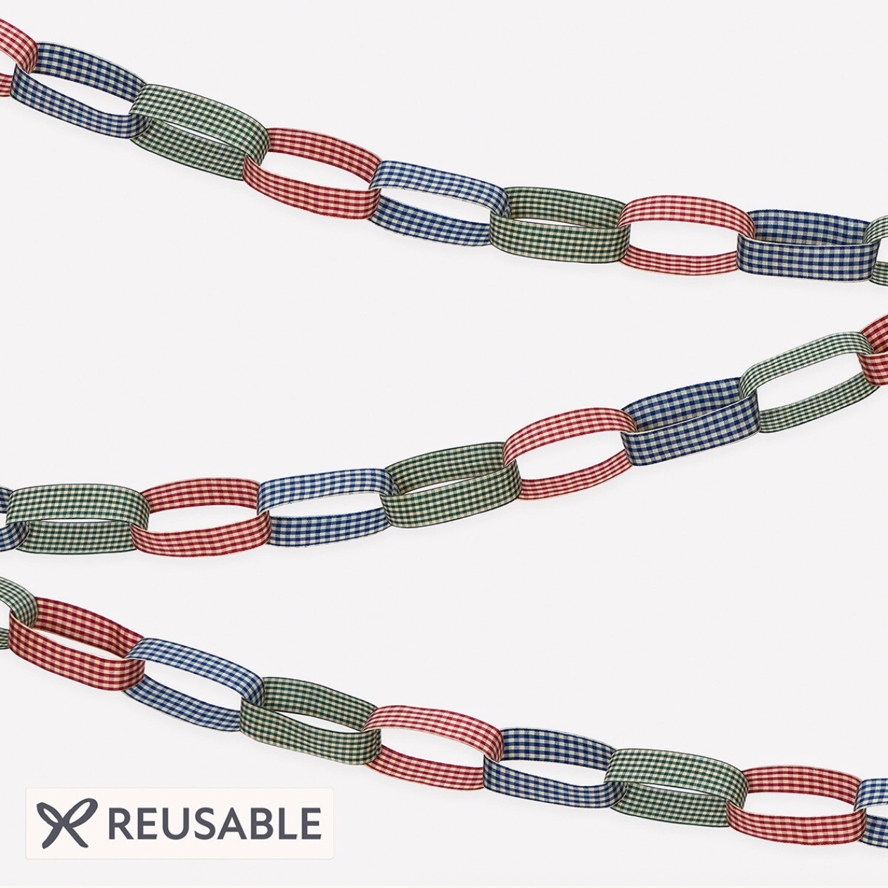 A reusable chain link garland made of alternating checkered fabric links in green, blue, and red gingham patterns, shown against a white background with a 'REUSABLE' label.