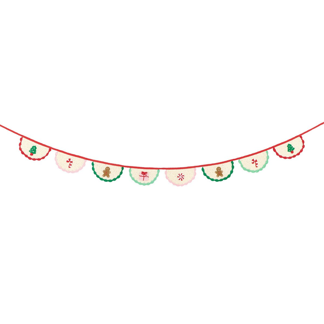 A festive embroidered garland banner with alternating red and green semicircle flags on a thin red string, shown against a plain white background.