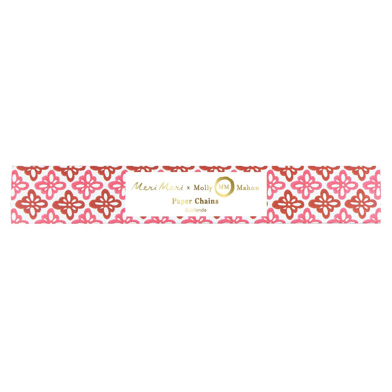 A horizontal strip of decorative paper chains featuring a repeating geometric floral pattern in pink, rust red, and white, with a central white label reading 'Meli Madi x Melia Design Paper Chains'.