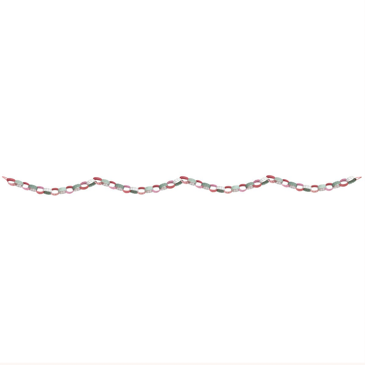A close-up of a wavy chain link pattern, likely a wallpaper design or digital pattern preview, featuring alternating red, green, and white links on a white background.