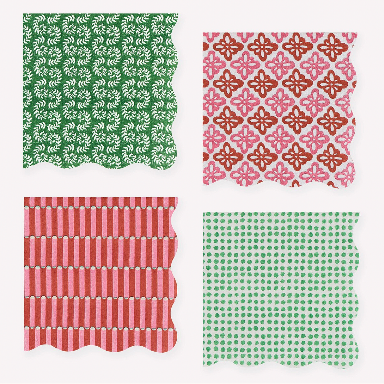 Four square swatches of patterned paper or fabric arranged in a 2x2 grid on a white background. The top-left swatch is green with a white floral pattern, the top-right is pink and brown with a geometric floral motif, the bottom-left is pink and red with vertical stripes, and the bottom-right is green with small blue-green dots.