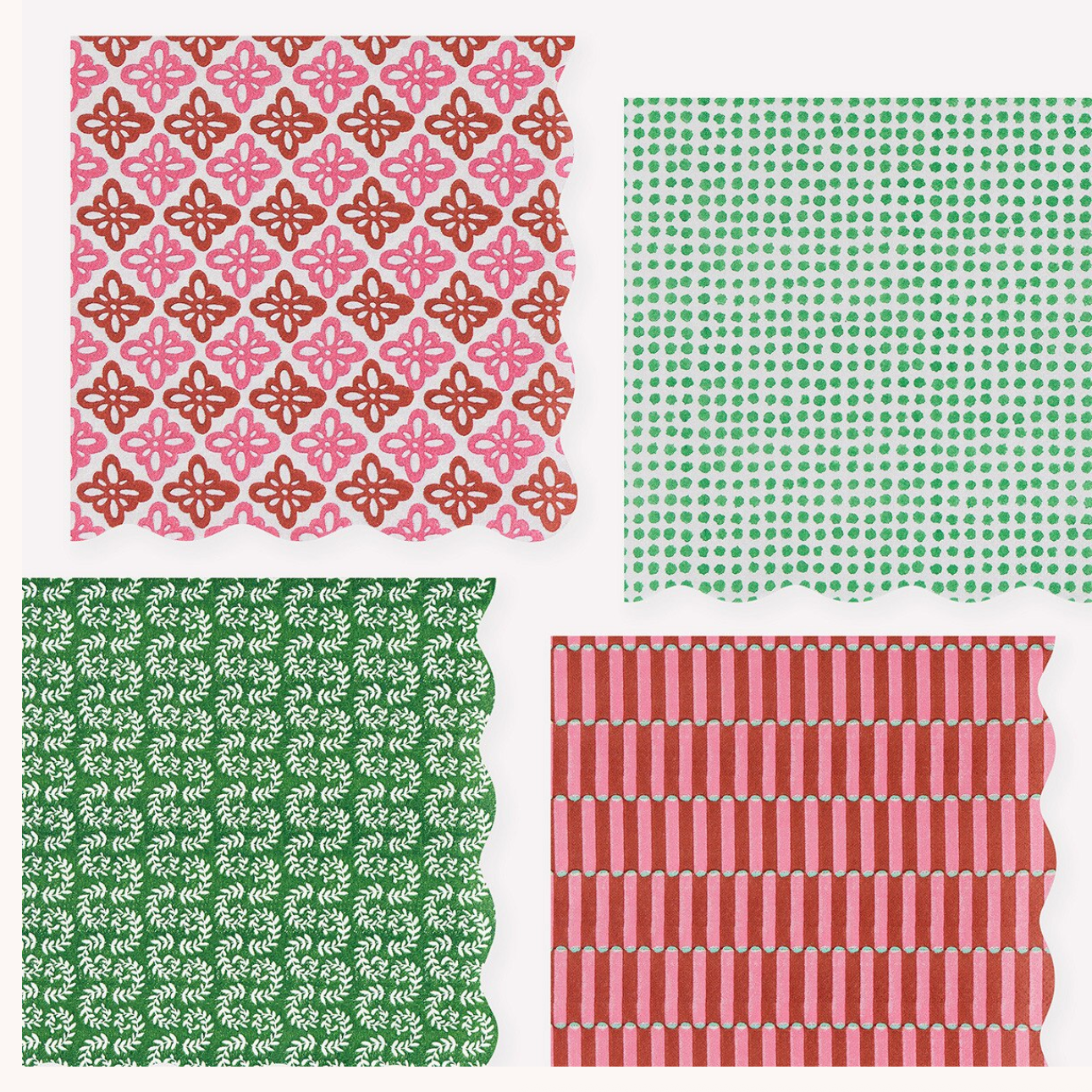 Four square swatches of patterned scrapbook paper arranged in a 2x2 grid on a white background. The top-left swatch has a pink and brown geometric floral pattern, the top-right has a green and white dotted pattern, the bottom-left has a green and white floral pattern, and the bottom-right has a pink and white striped pattern.