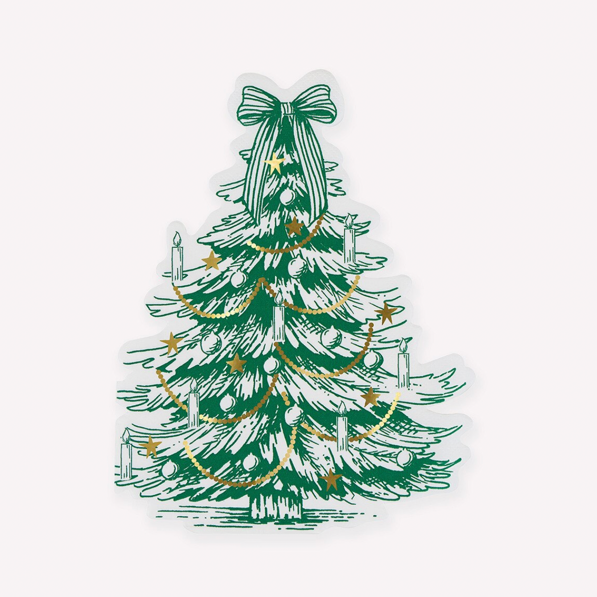 A die-cut napkin featuring a green hand-drawn Christmas tree with a striped bow, gold garland, and white candle details, shown on a plain white background.