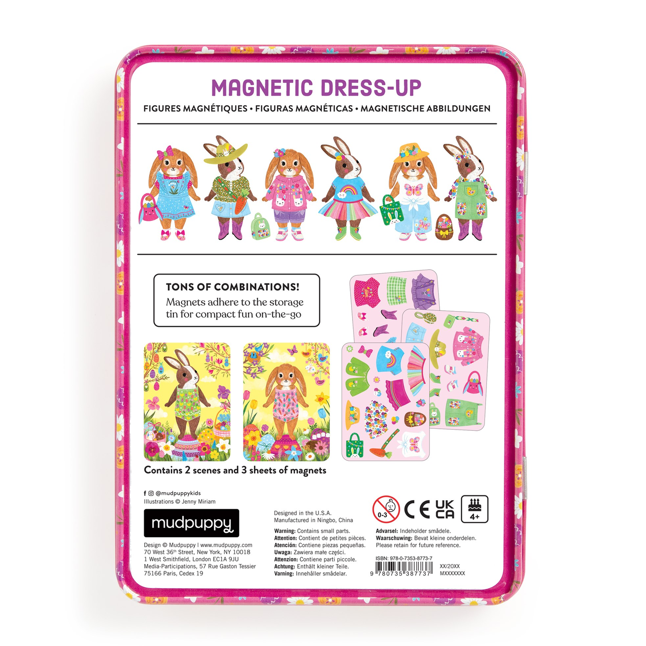 Magnetic dress-up toy packaging with illustrations of characters and clothing items on a white background.