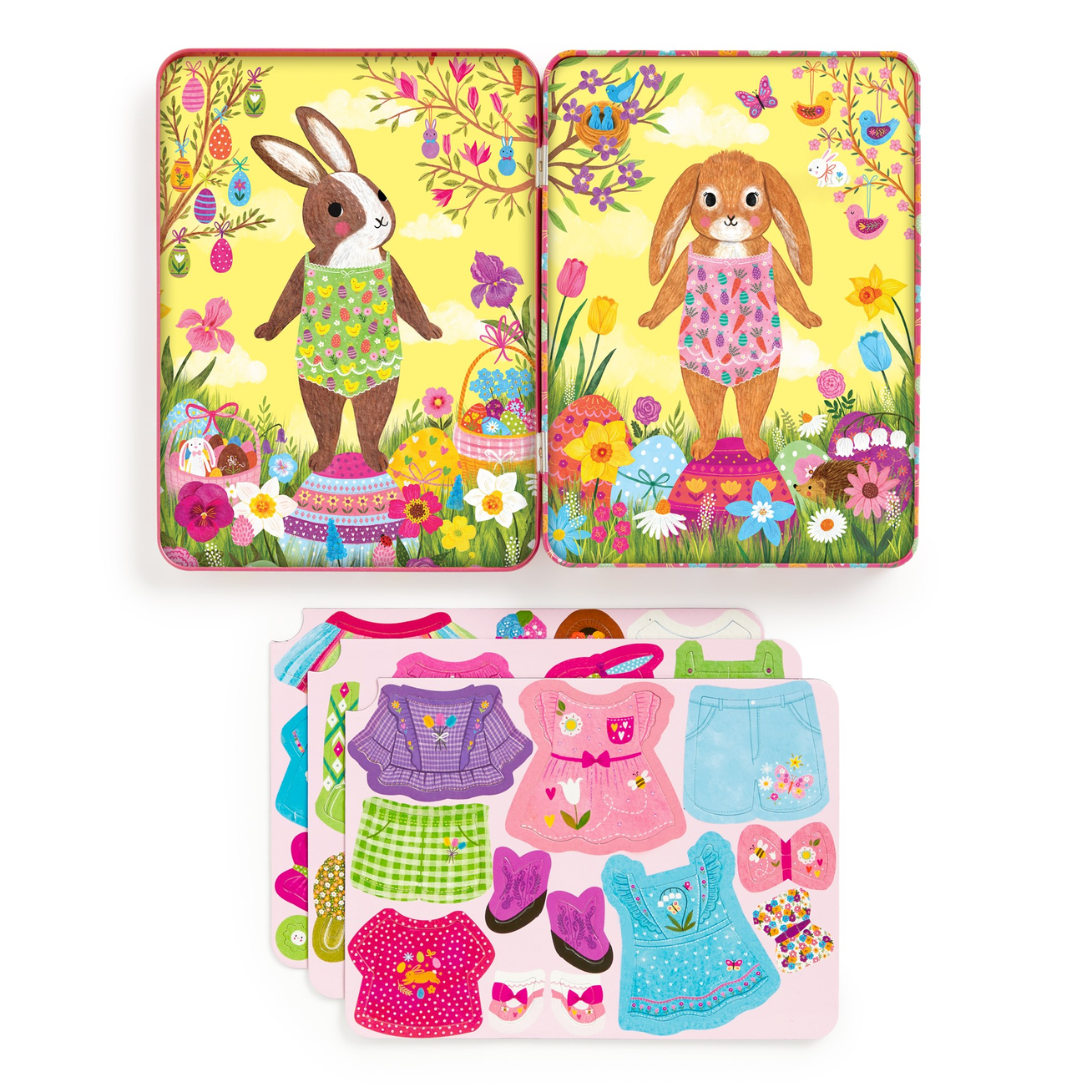 Colorful children's toy set with rabbit design and dress-up clothes on a white background