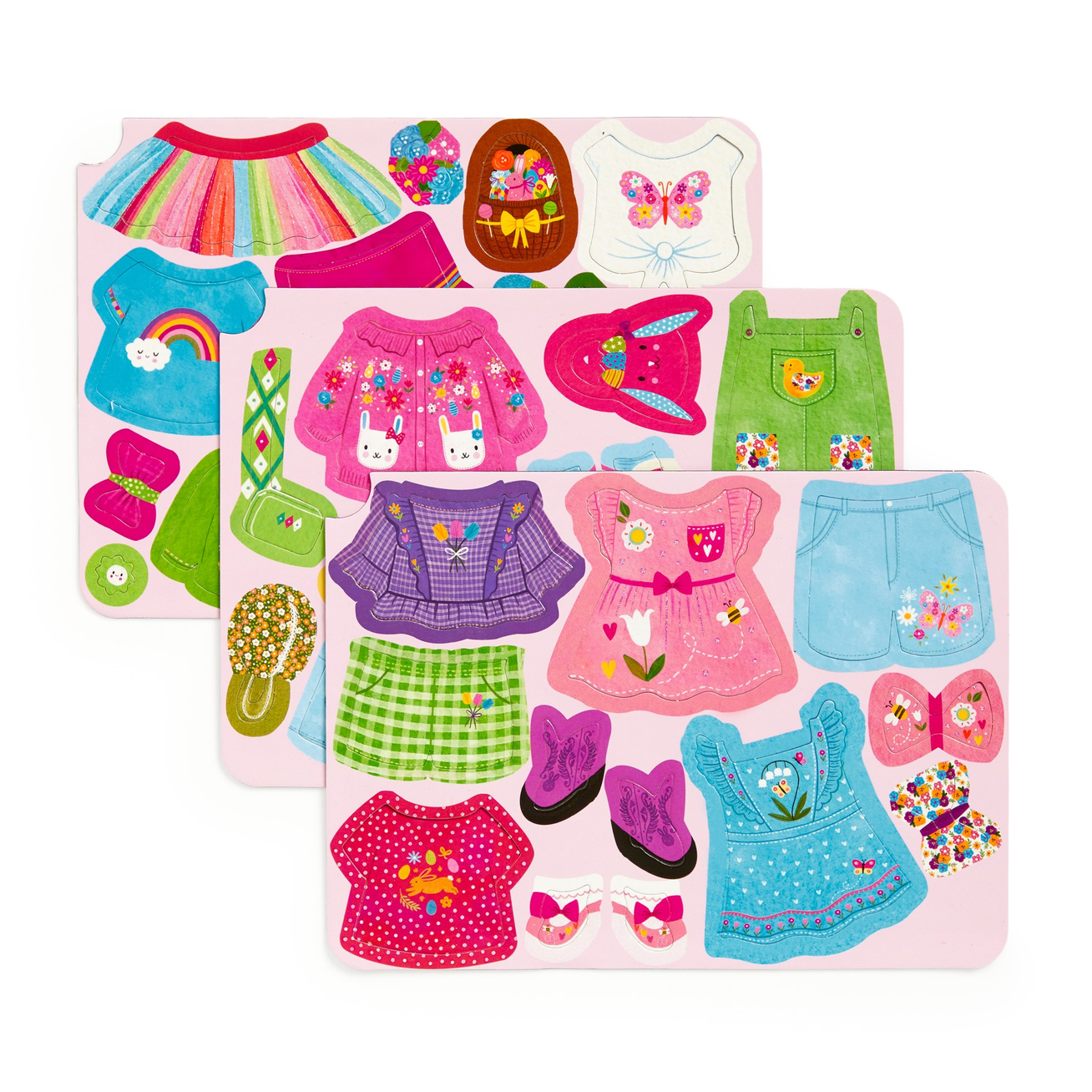 Colorful children's clothing stickers on a white background
