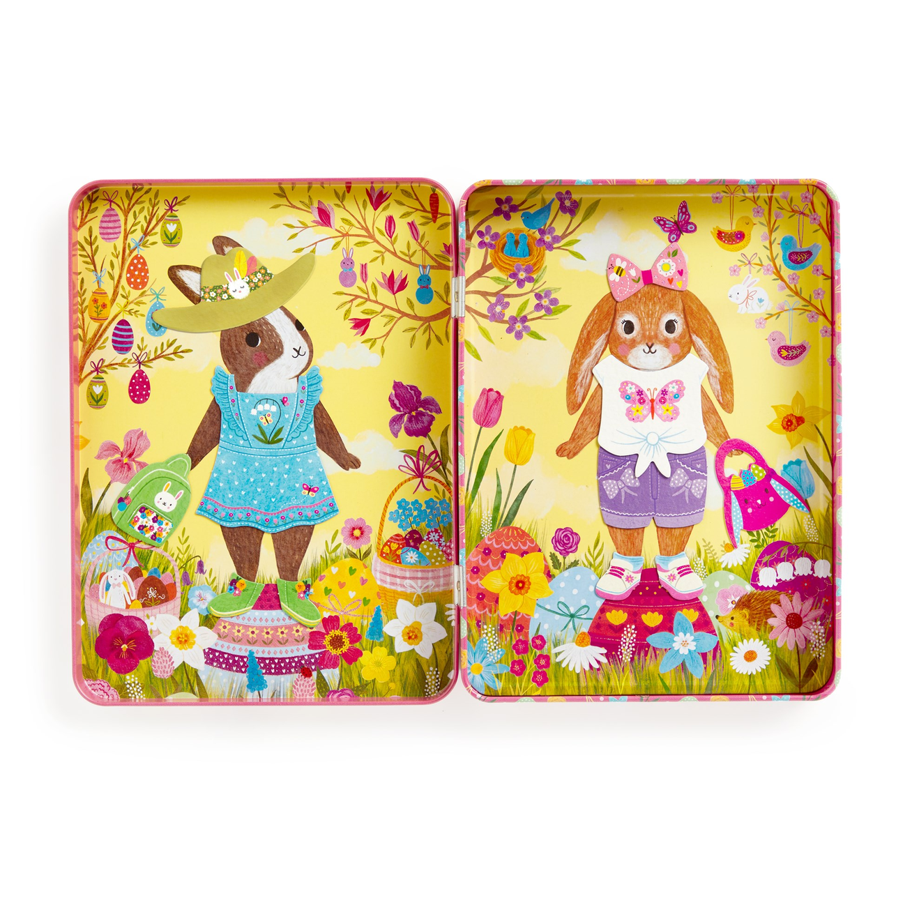 Two colorful tins with rabbit illustrations on a white background