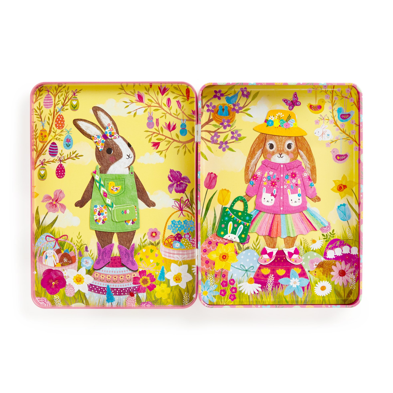 Two Easter-themed tins with cartoon bunnies on a white background
