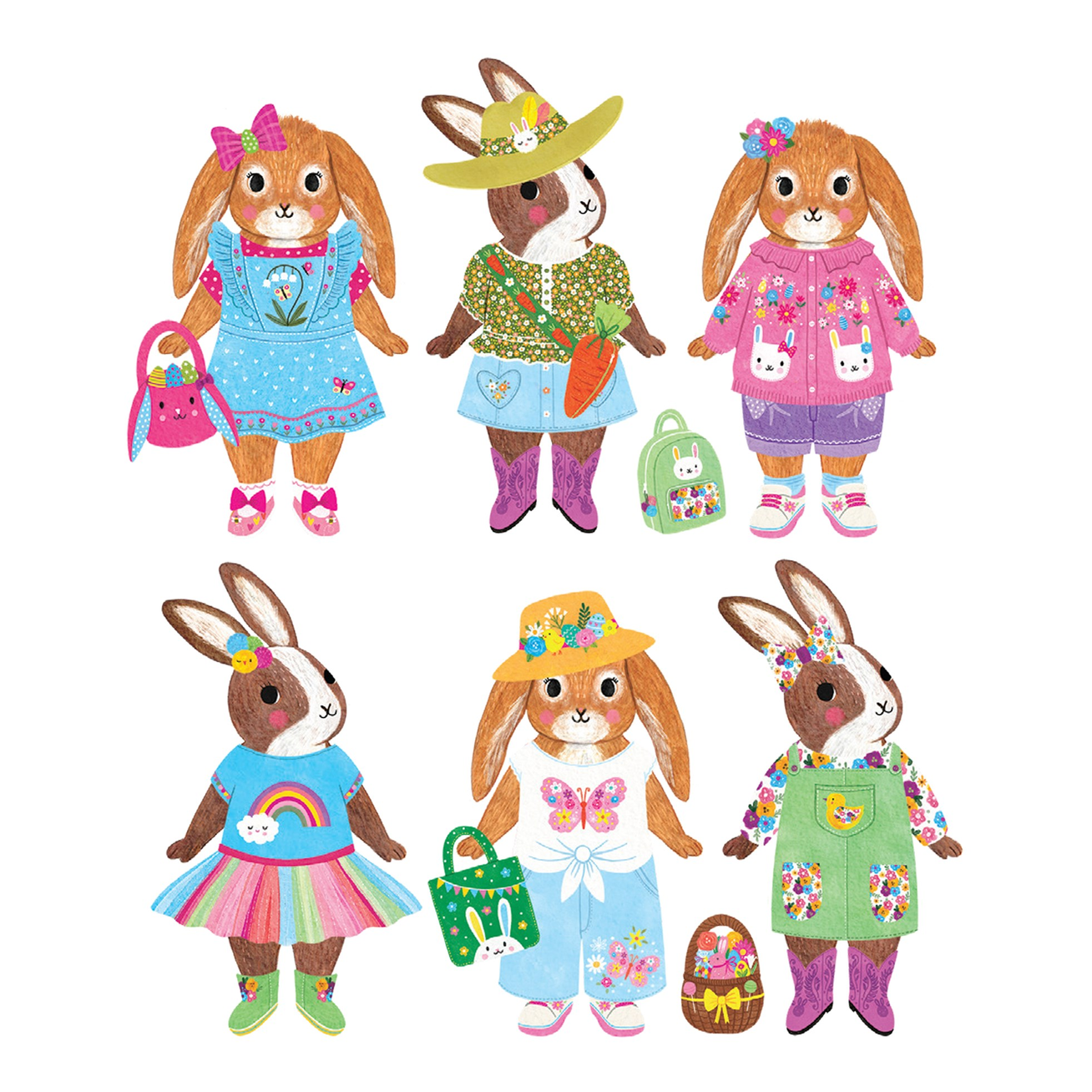 Illustrations of six rabbits in various outfits on a white background