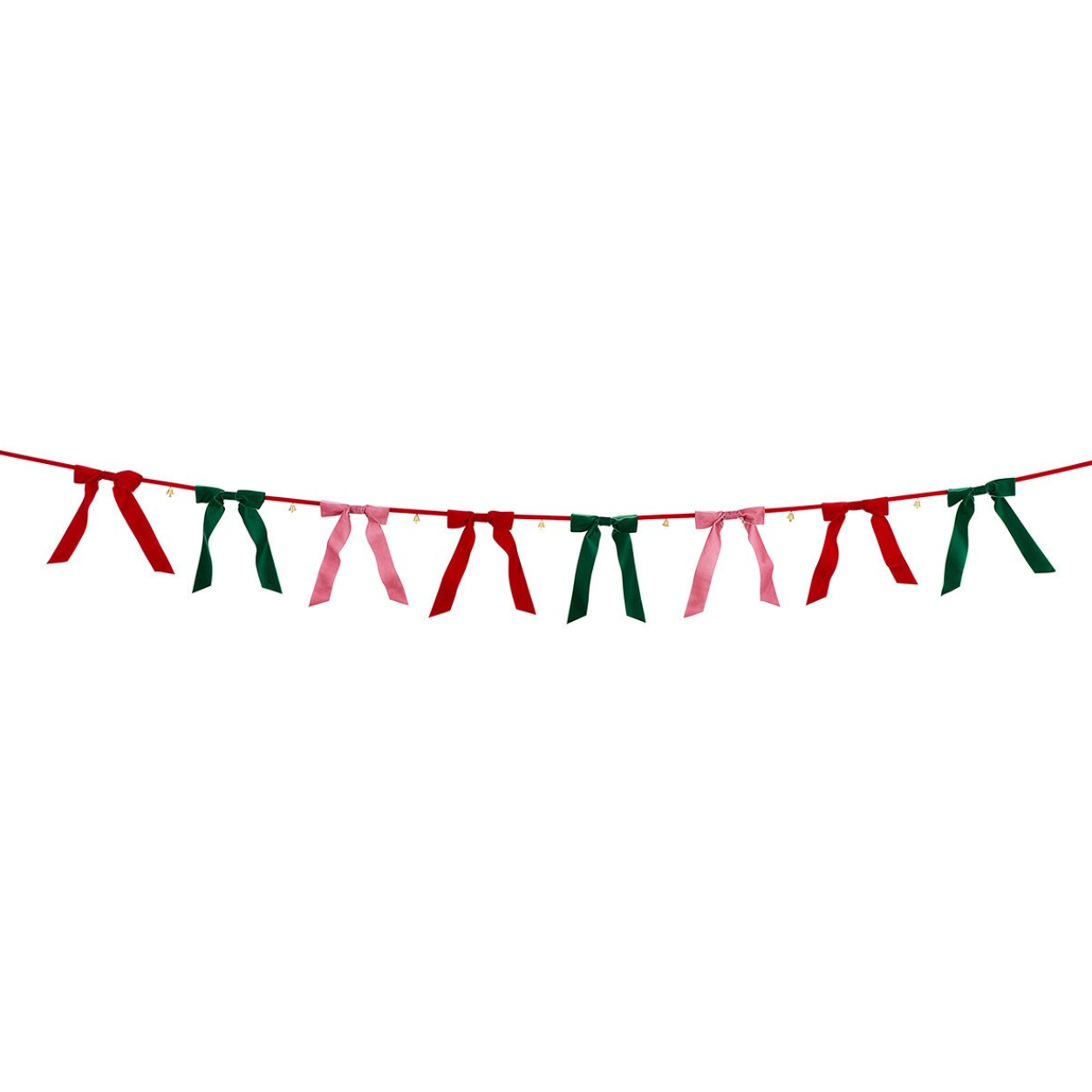 A festive ribbon banner garland strung across a white background, featuring alternating red, dark green, and light pink hanging ribbons tied in bows.