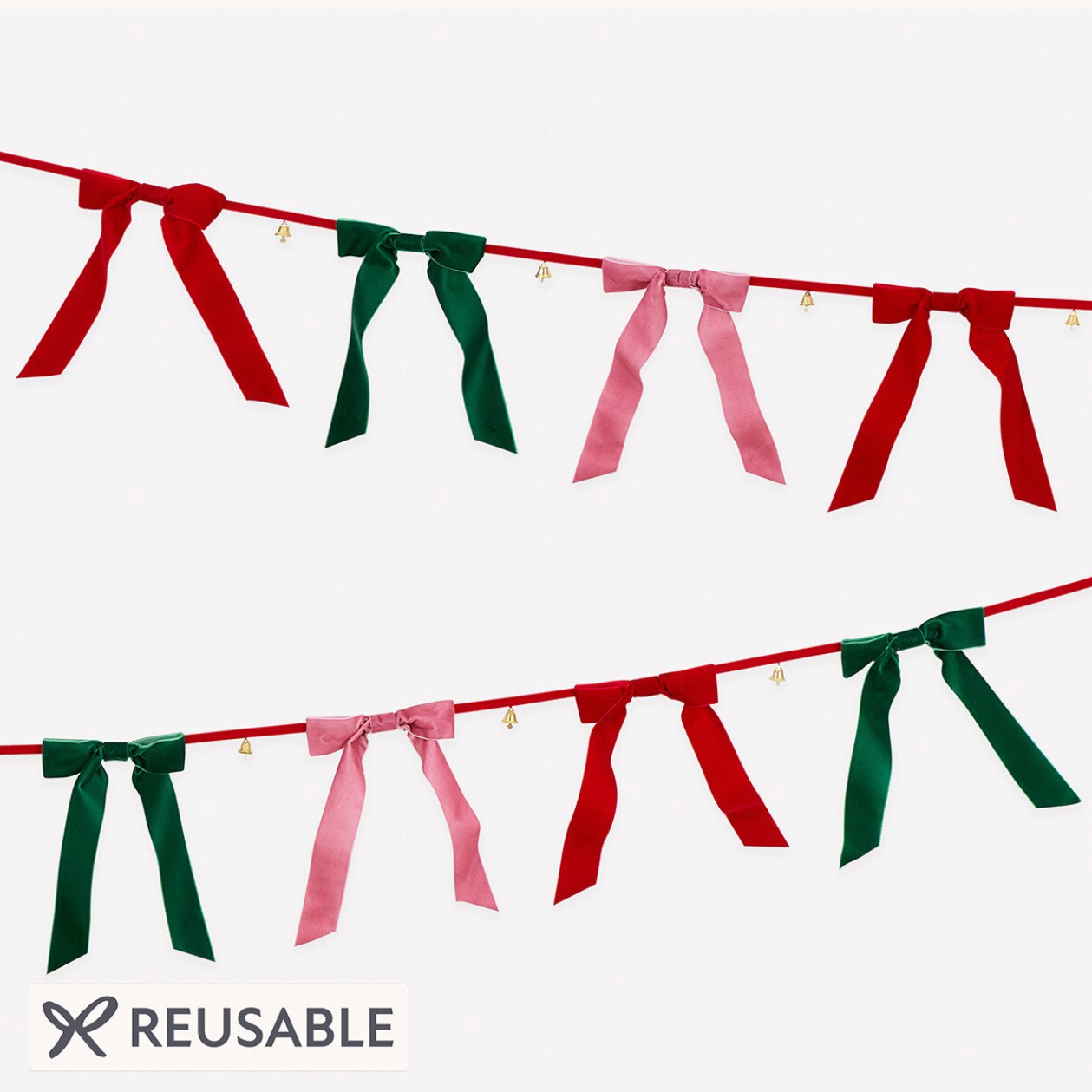 Reusable Christmas ribbon garland with alternating red and green satin bows on a thin red string, plus small gold bells, shown on a light gray background with the word REUSABLE at the bottom.