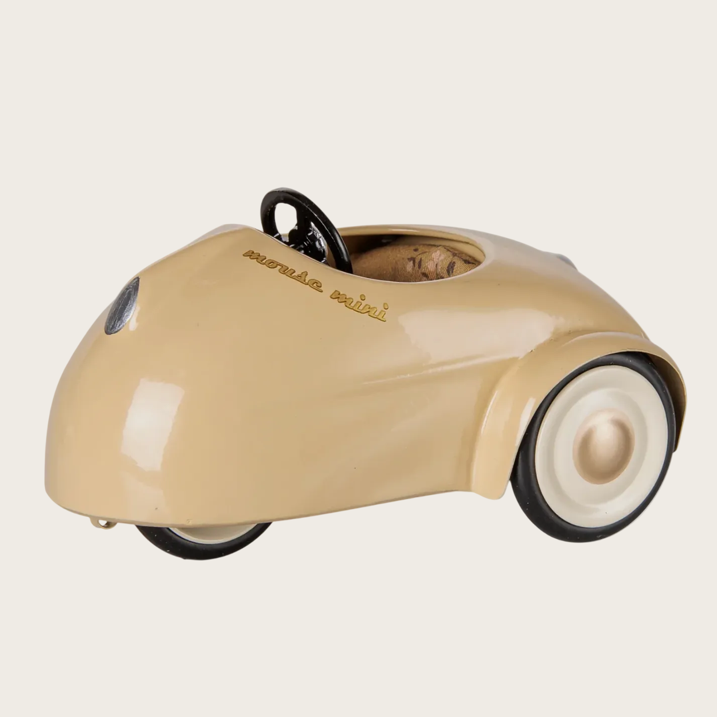 A vintage-style pull toy car in a glossy cream-beige finish with black wheels and a black steering wheel, shown on a light gray webpage layout. The words 'Mouse Mini' are printed on the side of the car.