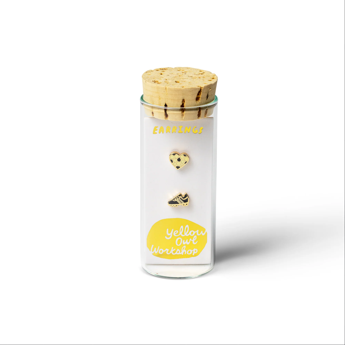 Clear glass jar with cork lid containing gold and black earrings, branded 'Yellow Owl Workshop'.