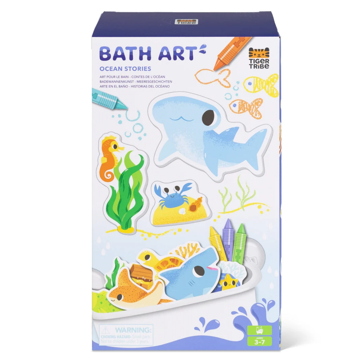 Bath art packaging with ocean-themed illustrations on a white background