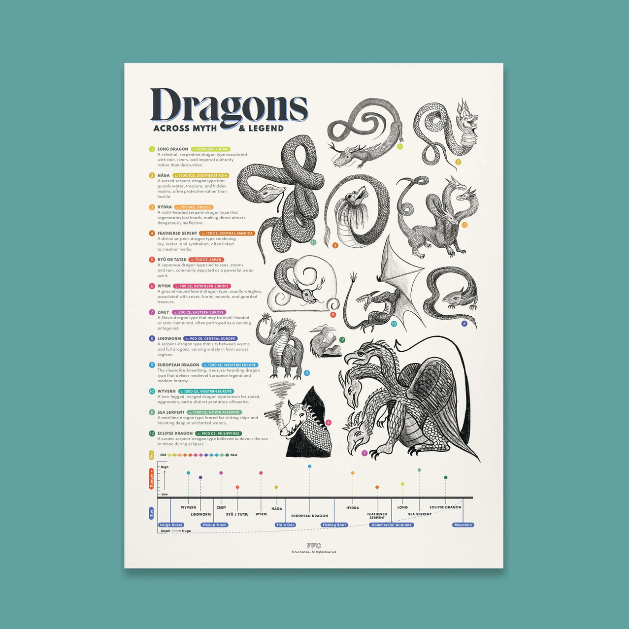 A vertical poster titled "Dragons Across Myth & Legend" with detailed black line-art illustrations of various dragons, a color-coded list of dragon types, and a timeline at the bottom, shown against a solid teal background.
