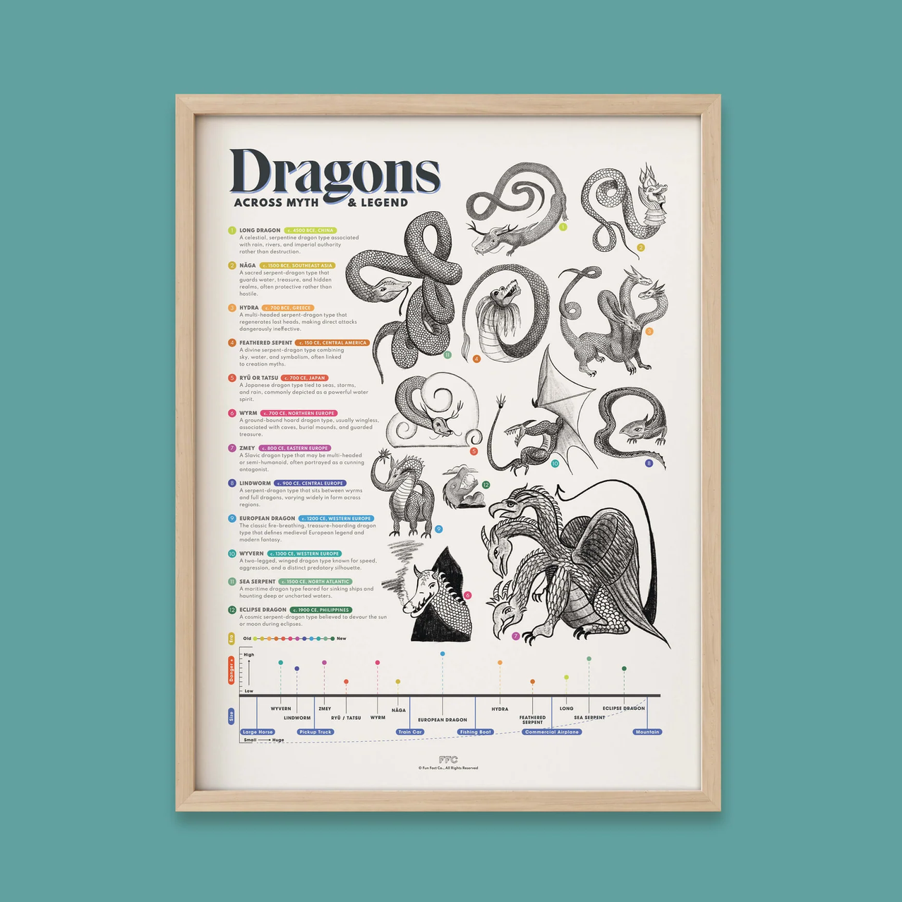 A framed poster titled "Dragons: Anatomy & Line Art" featuring black ink dragon illustrations and annotations on an off-white background, enclosed in a light wood frame against a teal wall.