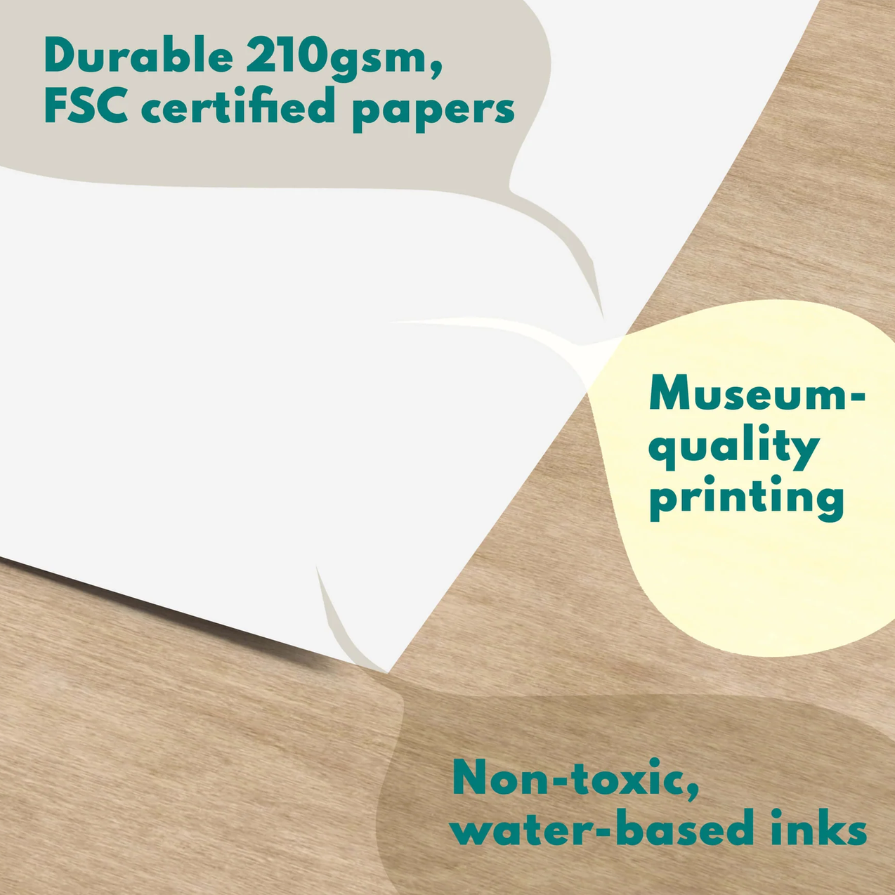 A close-up of a white sheet of paper placed on a light wood surface, with teal text callouts reading 'Durable 210gsm, FSC certified papers,' 'Museum-quality printing,' and 'Non-toxic, water-based inks.'.