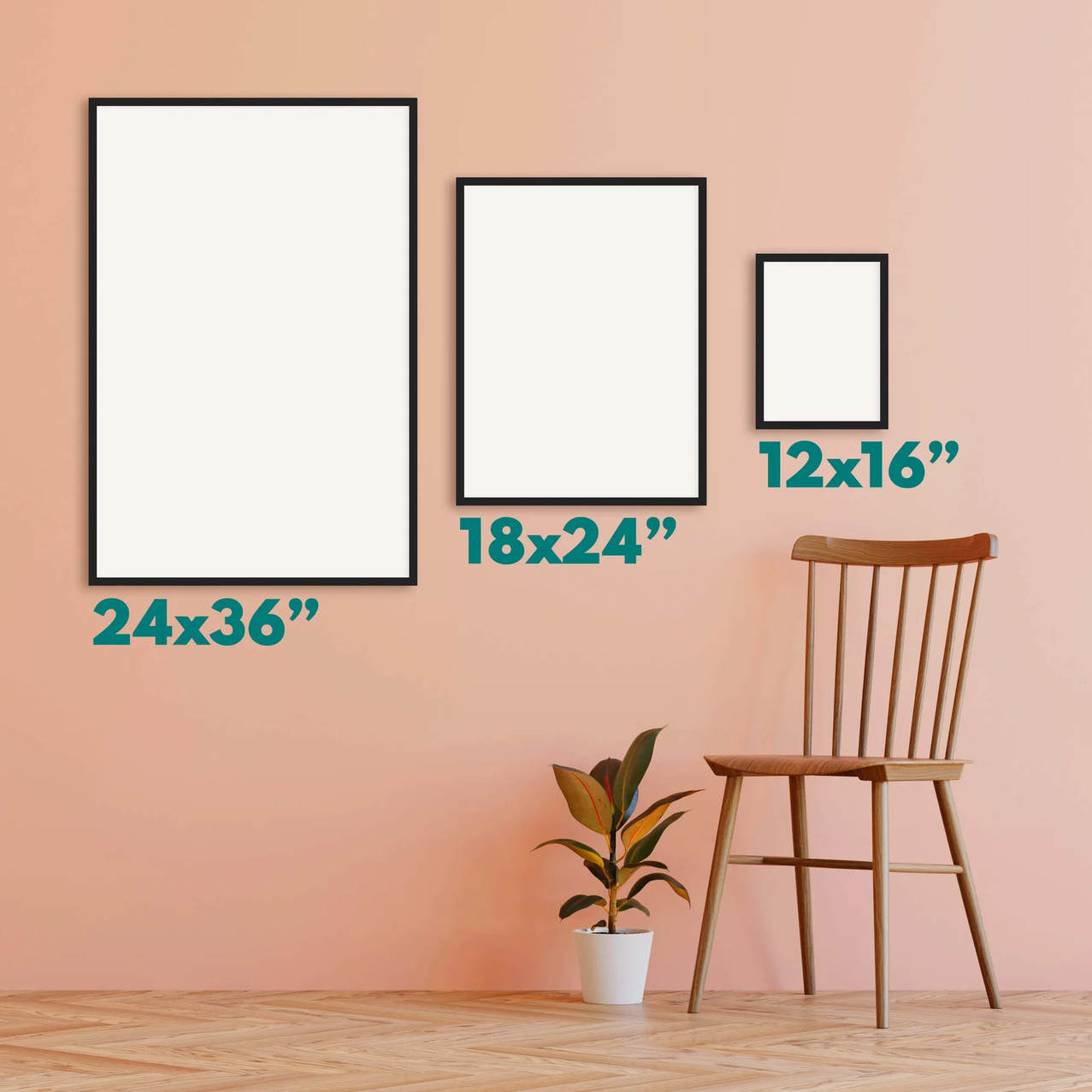 Three framed blank poster prints in different sizes hang on a peach-colored wall above a wooden chair and small potted plant. Teal text labels the dimensions of each frame: 24x36 inches, 18x24 inches, and 12x16 inches.