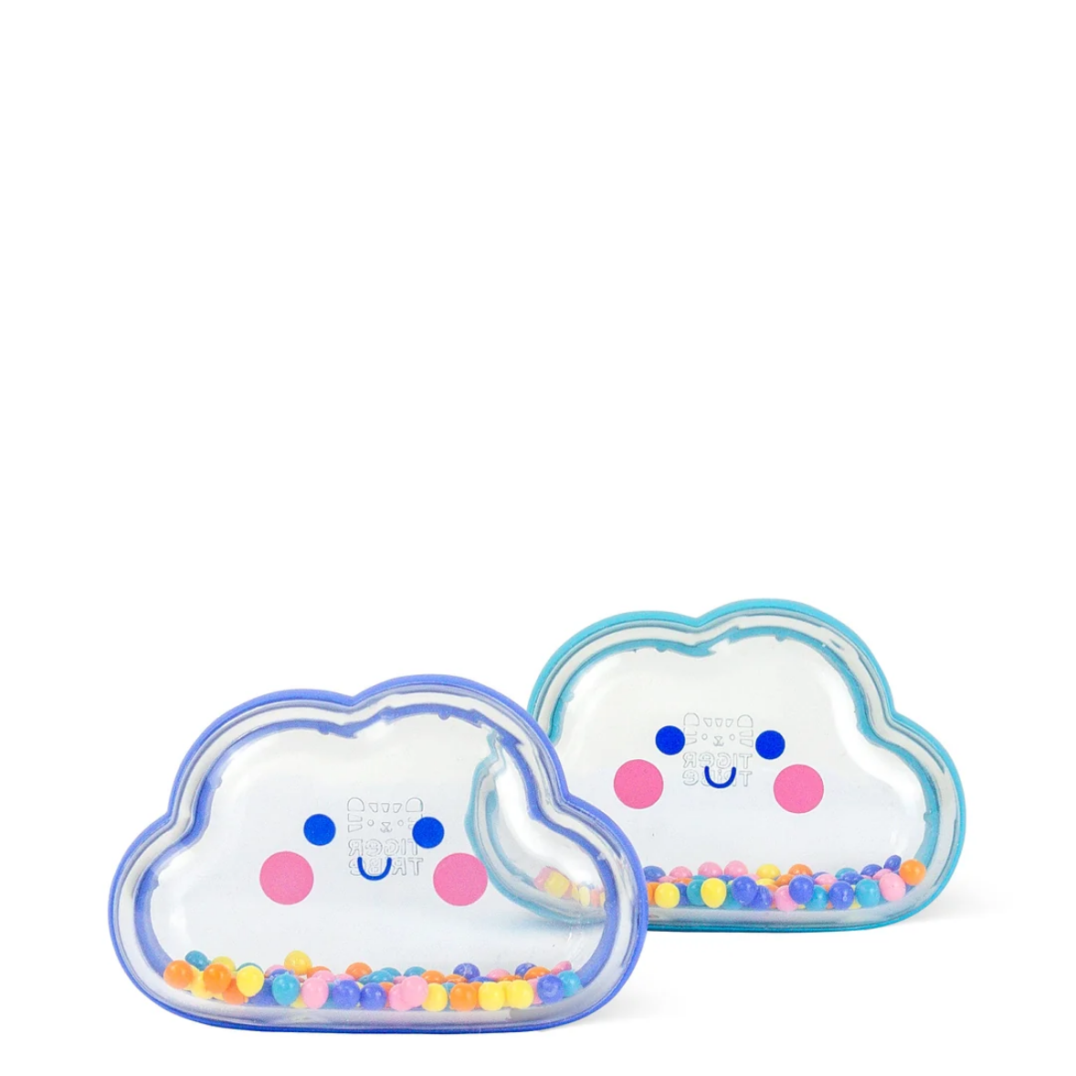 Two cloud-shaped containers with smiley faces filled with colorful beads on a white background