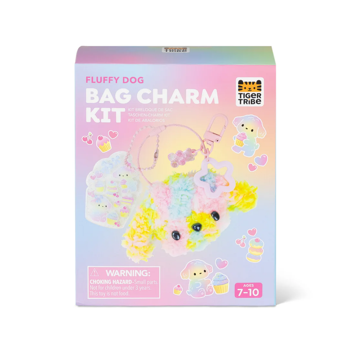 Tiger Tribe Fluffy Dog Bag Charm Kit in a pastel gradient box, featuring a colorful plush dog charm design on the front.