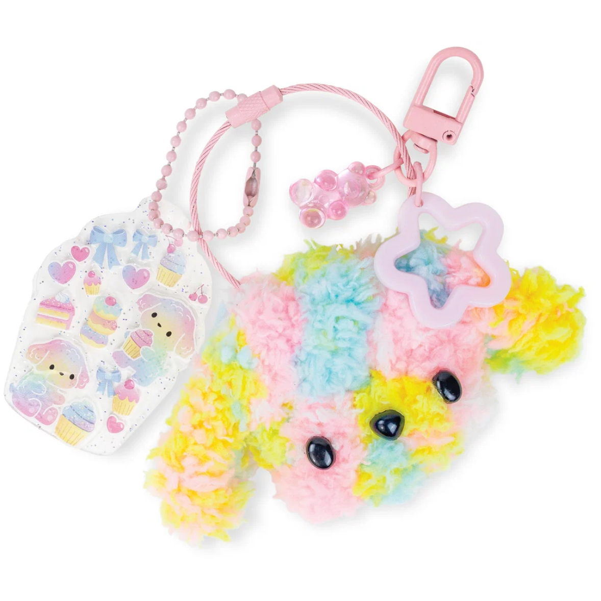 Colorful keychain with a heart-shaped pouch on a white background