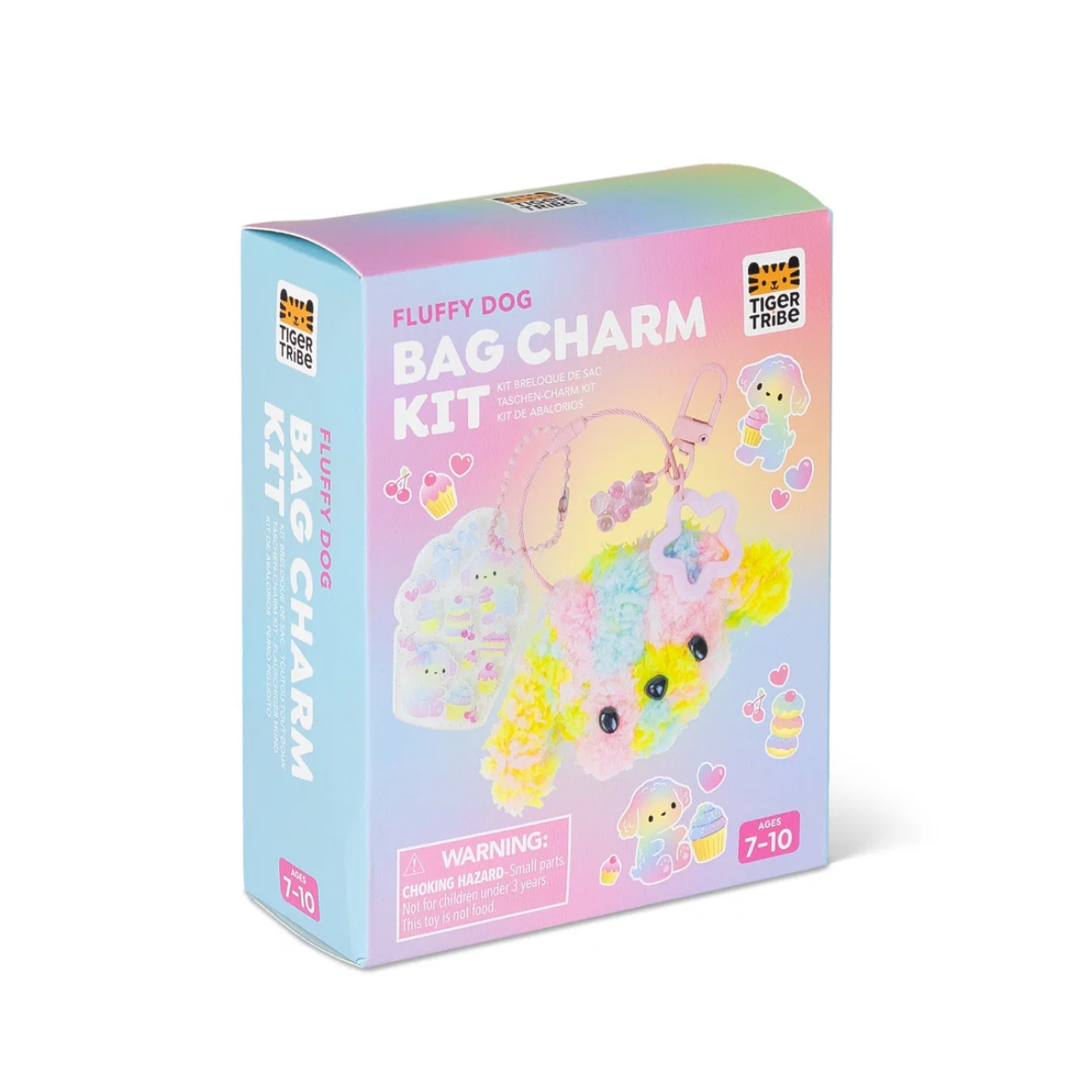 Tiger Tiger Fluffy Dog Bag Charm Kit in a pastel gradient box, featuring a colorful illustration of a fluffy dog charm and small accessories on the front.