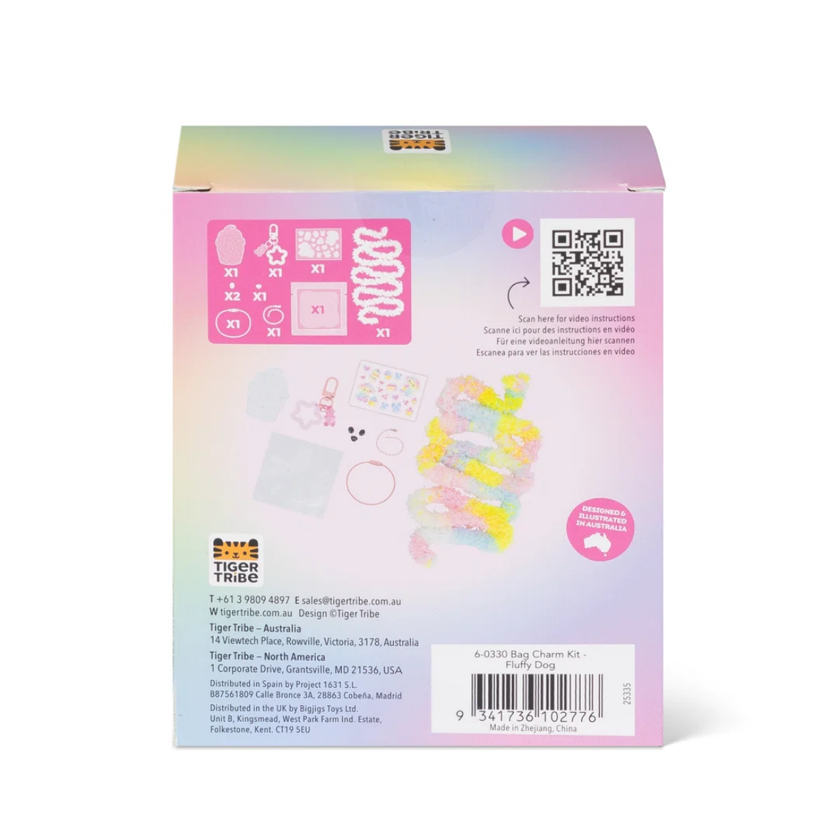 The back of a product box for the Tiger Tribe DIY Clay Kit, featuring a pastel pink and purple gradient background, product contents illustrated, a QR code, and a barcode.