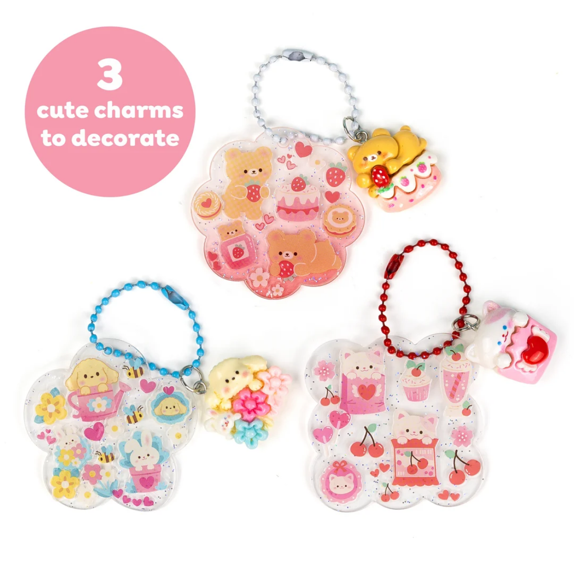 Three cute charm sets with various designs on a white background