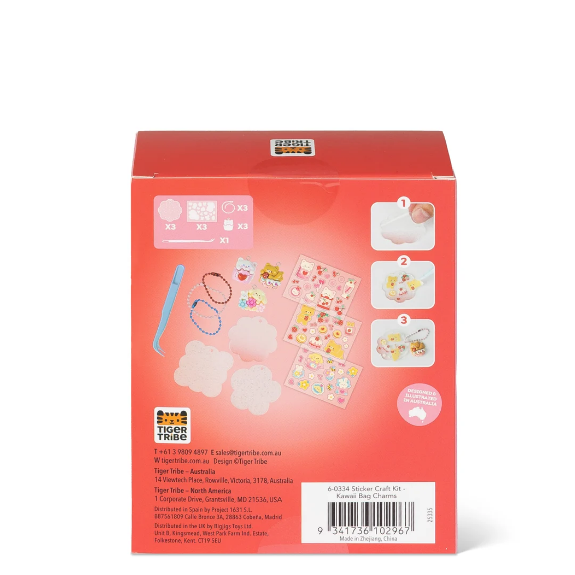 The back of a coral-pink product box for a Tiger Tribe 'craft kit, showing product contents, step-by-step instructions, and contact details.