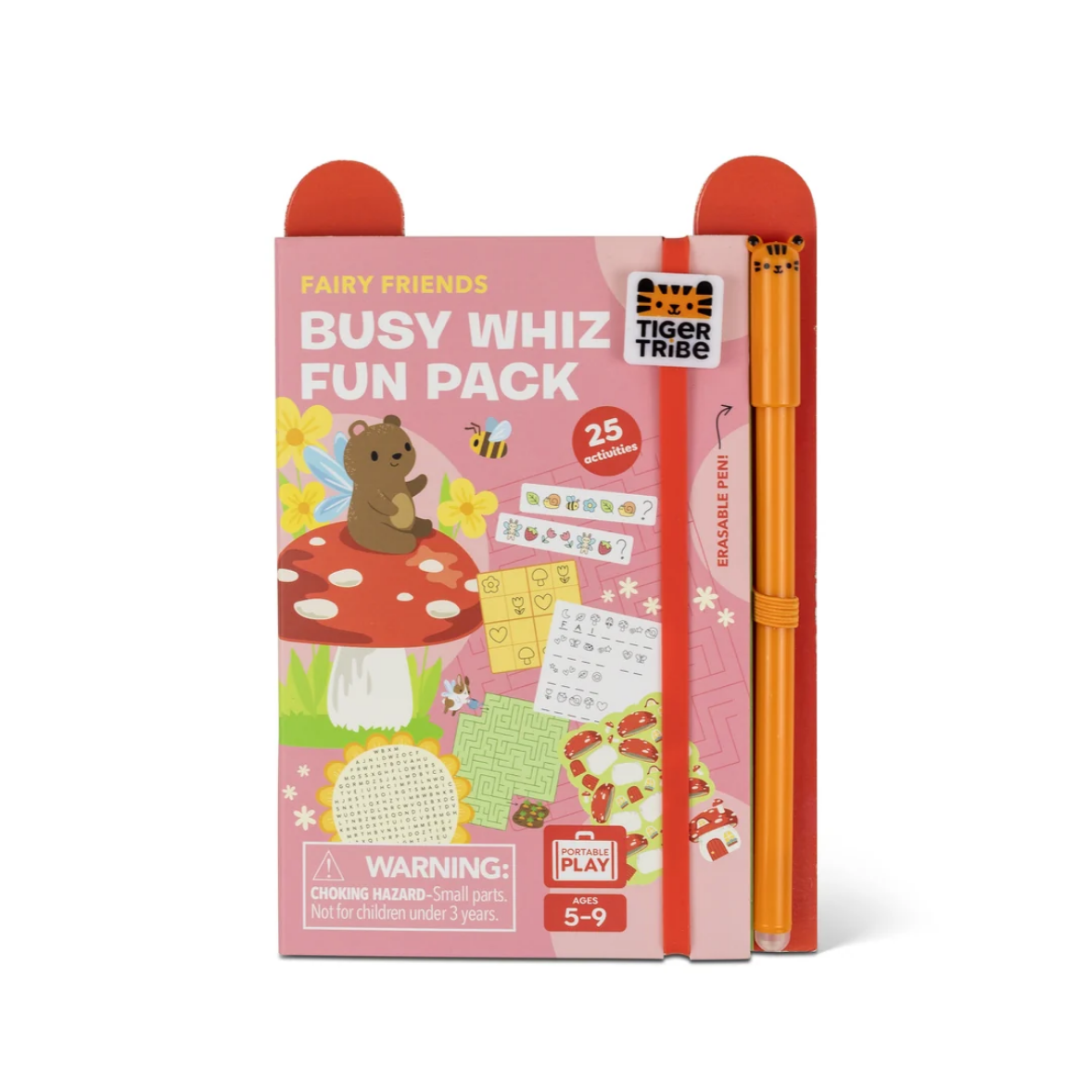 Tiger Tribe Fairy Friends Busy Whiz Fun Pack, featuring a pink box with whimsical fairy illustrations and a bright orange pen tucked behind it, set against a clean white background.