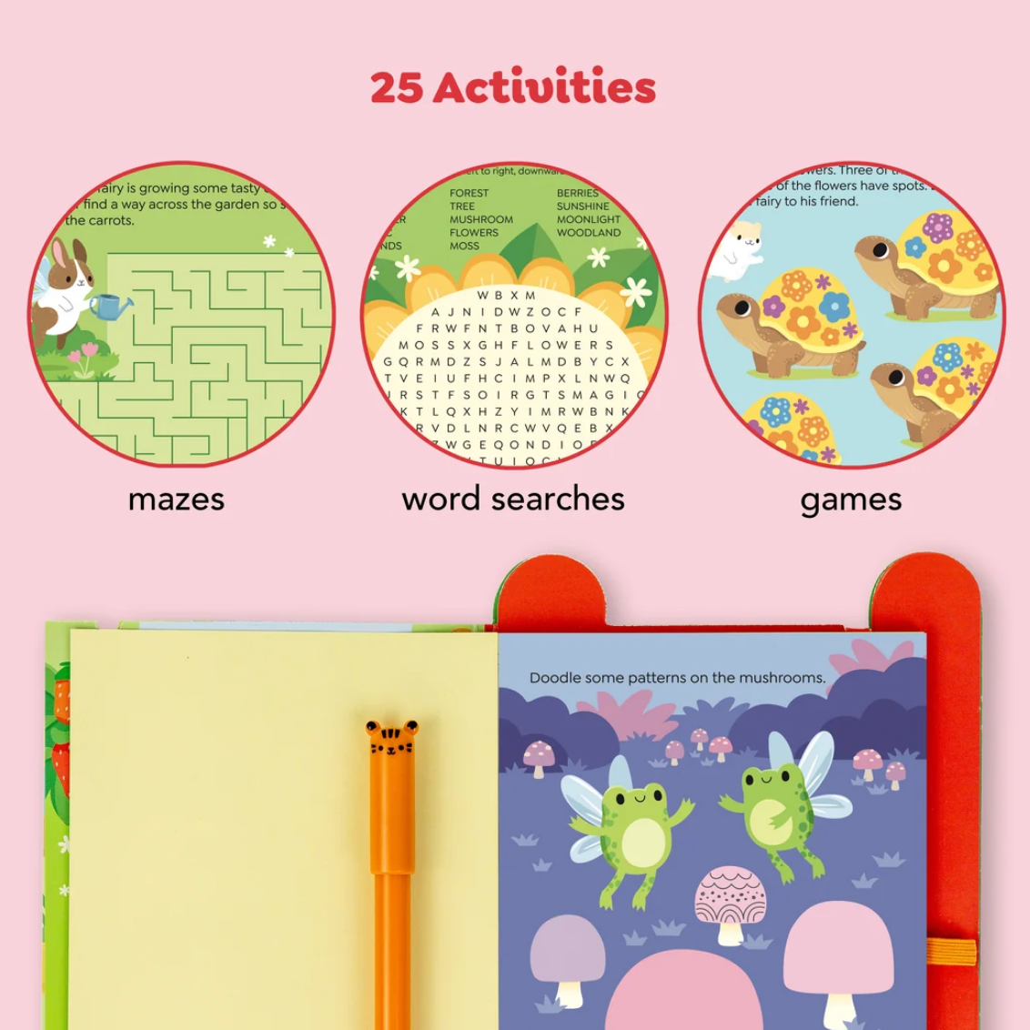 A children's activity book or booklet shown open on a pink background, with three circular callouts above highlighting different activity pages: a maze, a word search, and games. The top text reads '25 Activities.