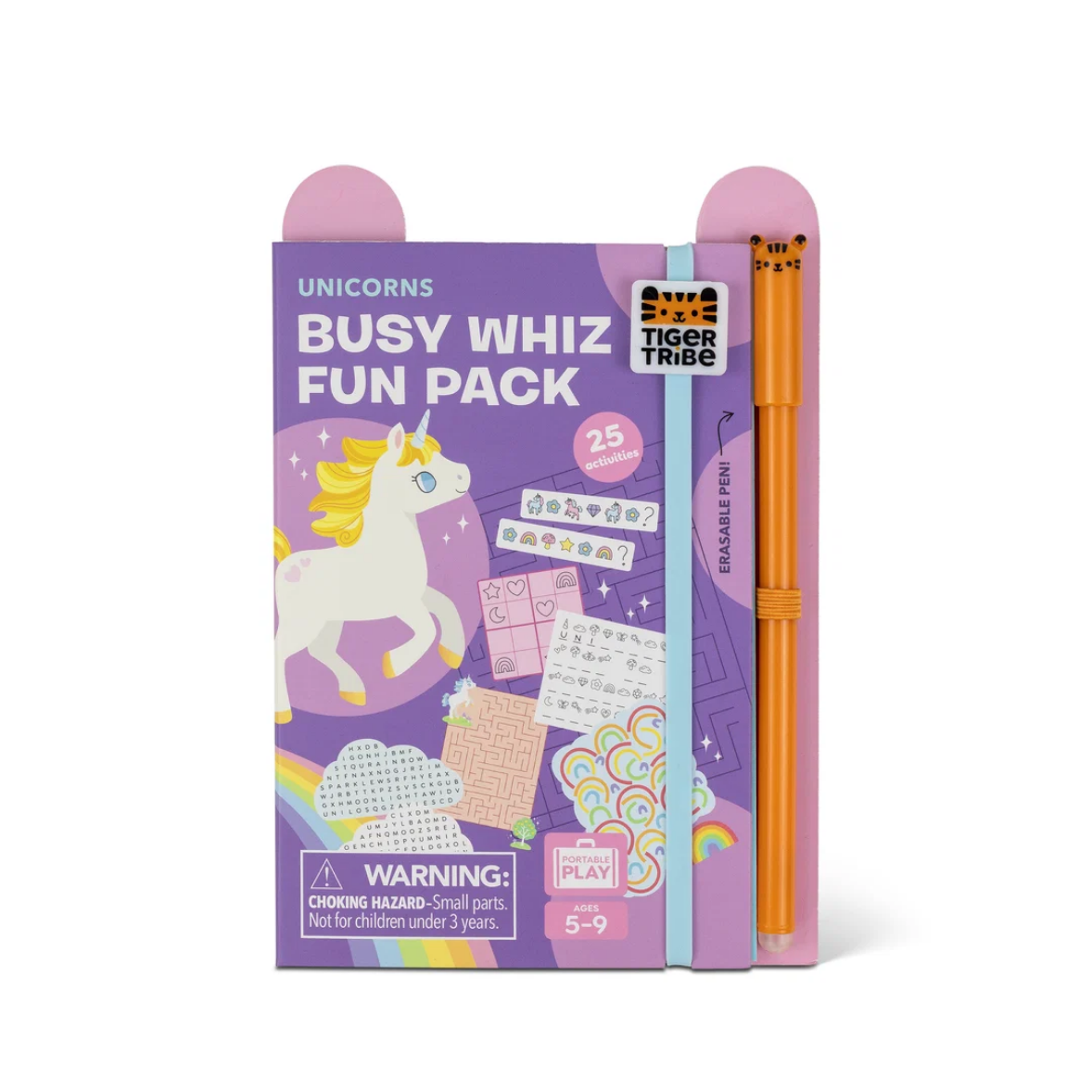 Tiger Tribe Busy Whiz Fun Pack for kids, featuring a purple box with unicorn illustrations, a pink eraserable pen, and an orange pencil in a clear sleeve, shown on a white background.