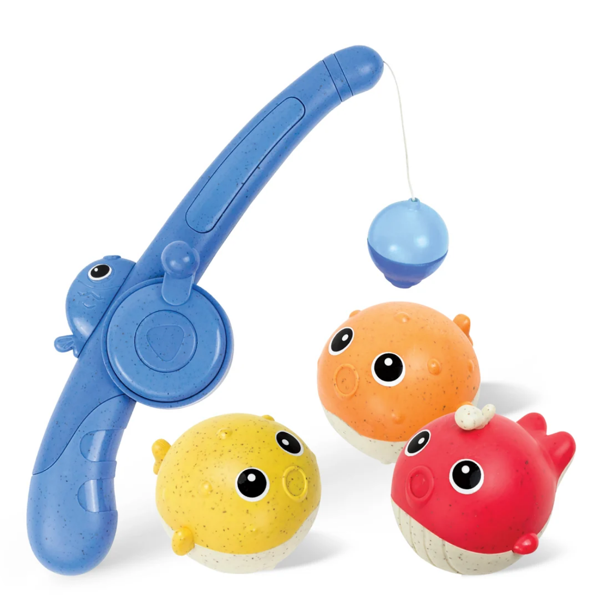 Toy fishing rod with three colorful fish-shaped toys on a white background