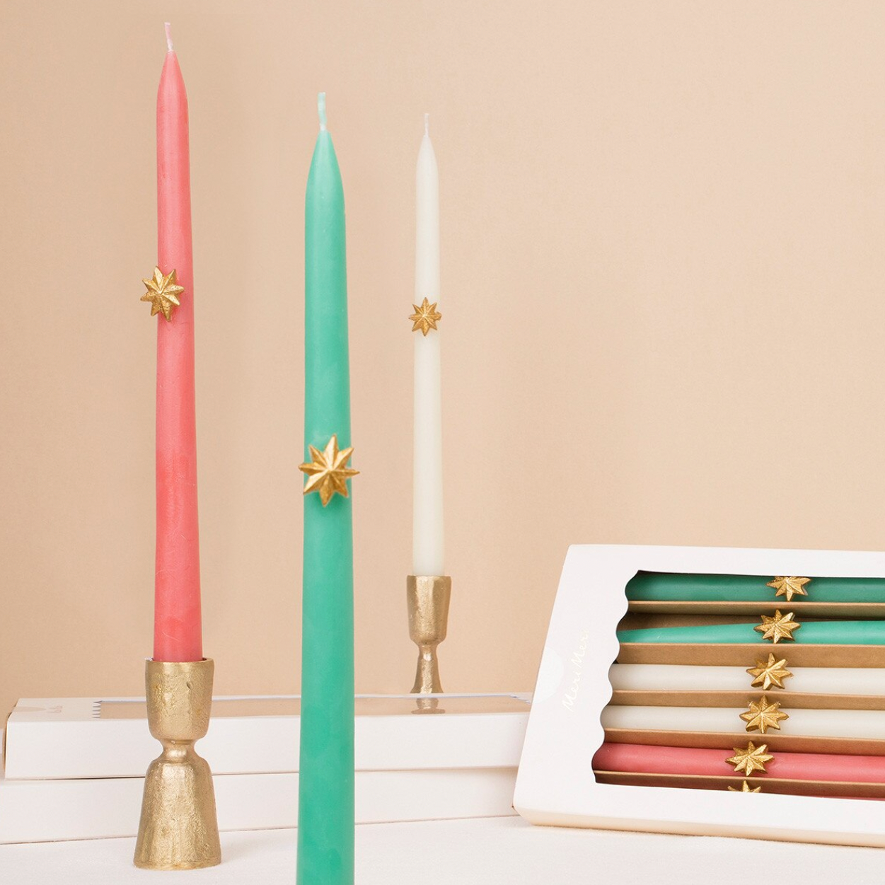 Mixed Gold Star Taper Candles (x6)