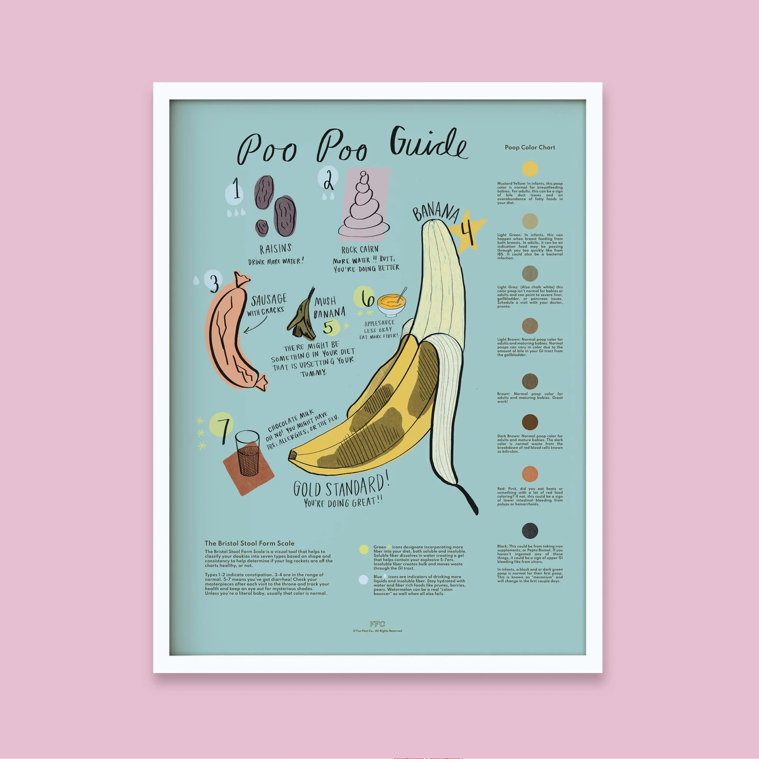 A framed educational poster titled 'Poo Poo Guide' with illustrated poop icons, stages of feces transformation, and a large banana graphic on a pale blue background, shown against a pink backdrop.