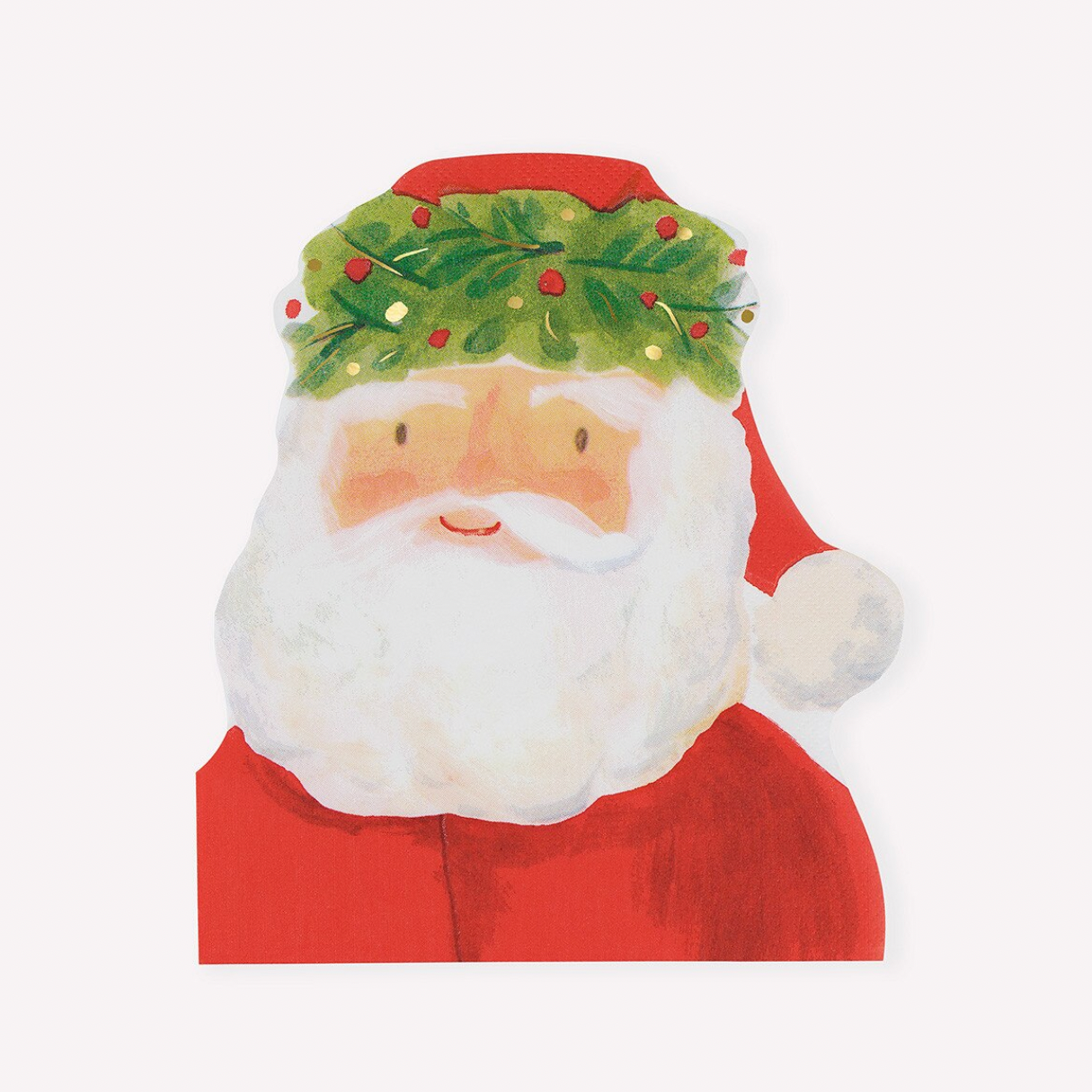 A festive illustration of Santa Claus's face, featuring a white beard, red suit, and a green wreath with red berries on his hat, set against a clean white background.
