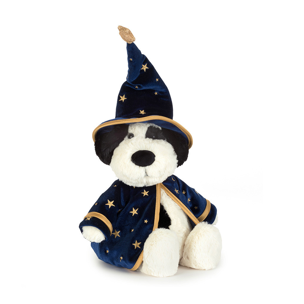A plush dog toy dressed as a wizard, wearing a navy blue robe and pointed hat decorated with gold stars and trim, set against a plain white background.