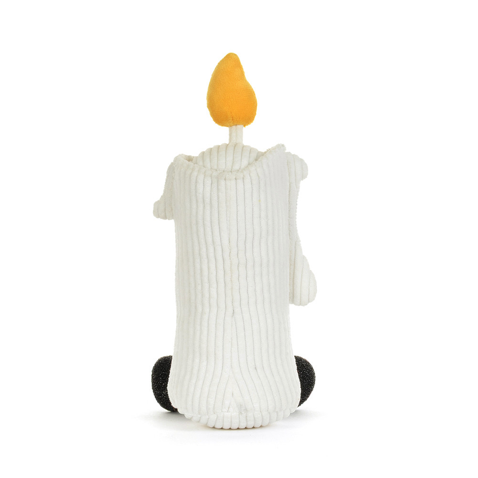 A white ribbed knit candle-shaped plush toy with a yellow flame on top and small black feet, shown from the back on a plain white background.