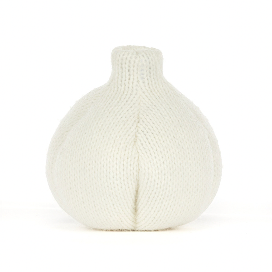 A white knitted garlic-shaped vase with a short neck and textured knit pattern, centered on a plain white background.