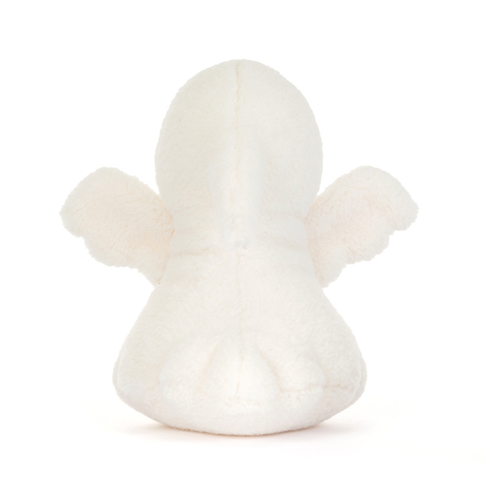 A white plush angel toy shown from the back, featuring soft wings and a fluffy texture, isolated on a white background.