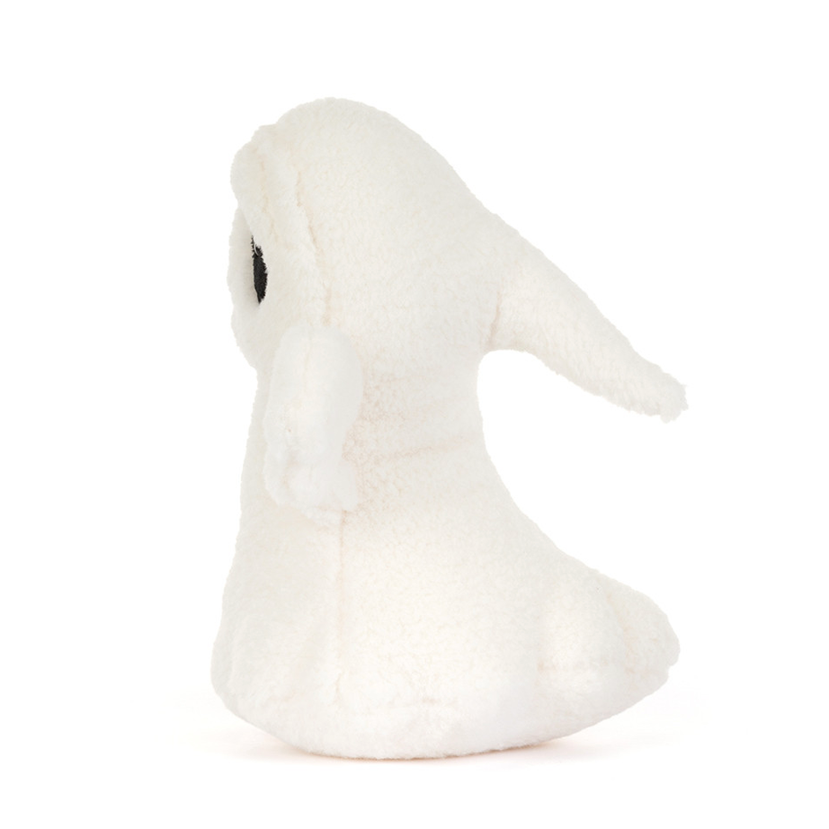 A small white plush ghost toy with a single black eye, shown from the side on a plain white background.