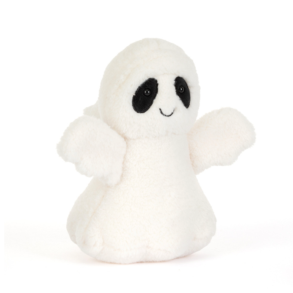 A small white plush ghost toy with black embroidered eyes and a simple stitched smile, shown against a plain white background.