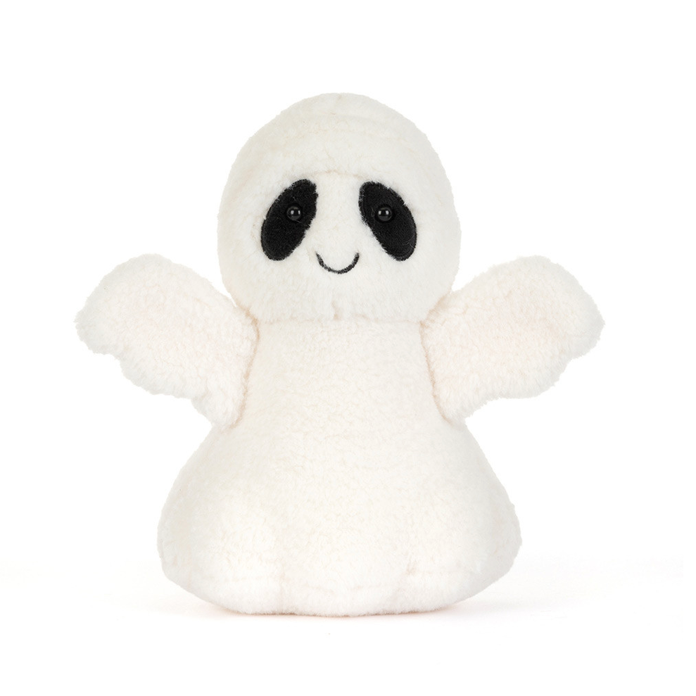 A small white plush ghost toy with black embroidered eyes and a simple stitched smile, centered on a plain white background.